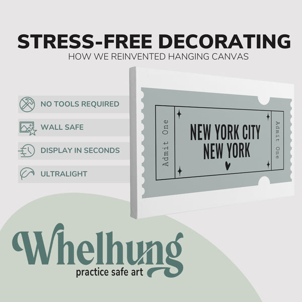 Single, 2:3 horizontal easy to hang canvas print on a graphic displaying the stress-free decorating Whelhung offers, how we reinvented hanging canvas: "no tools required", "wall safe", "display in seconds" and "ultralight."