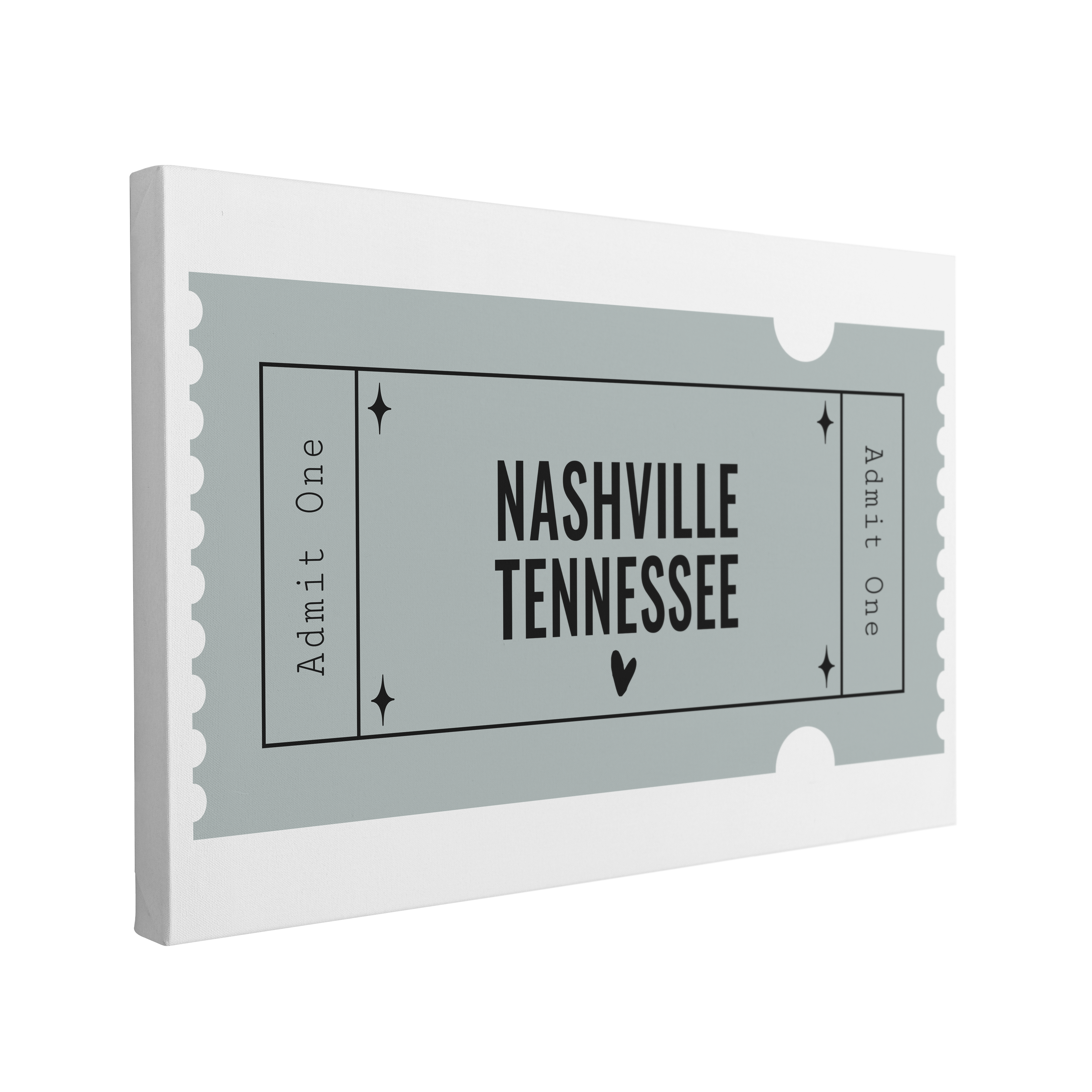 Single, 2:3 horizontal easy to hang canvas print on a transparent background featuring an image of a blue graphic of an Admit One ticket with black words "Nashville, Tennessee"