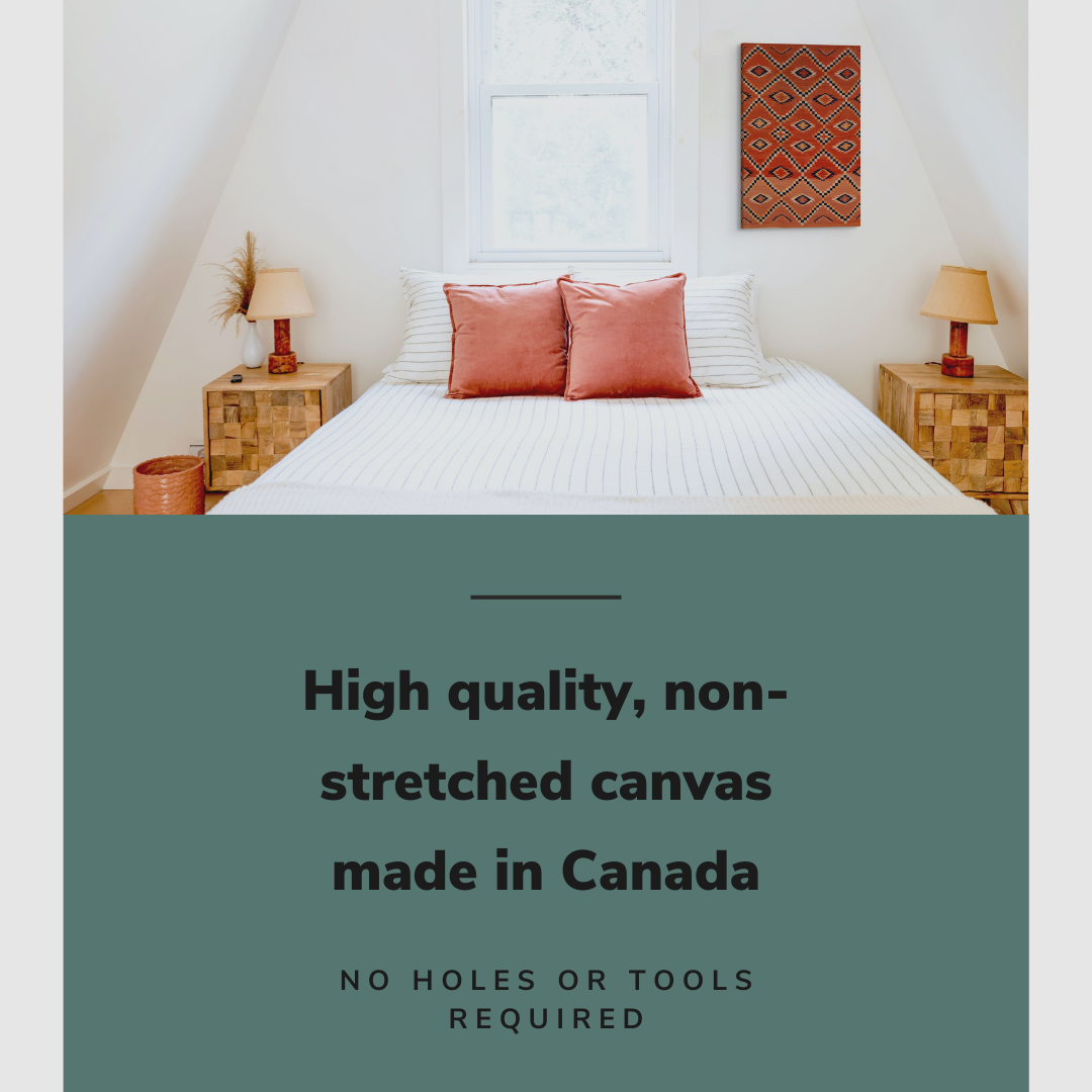 Lifestyle image of the vertical, 20x30” inch easy to hang canvas wall art hung in a bedroom above a bed with graphic saying "High quality, non-stretched canvas made in Canada"