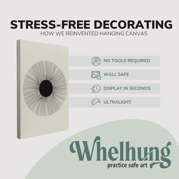 single, 2:3 vertical easy to hang canvas print on a graphic displaying the stress-free decorating Whelhung offers, how we reinvented hanging canvas: "no tools required", "wall safe"", "display in seconds" and "ultralight."