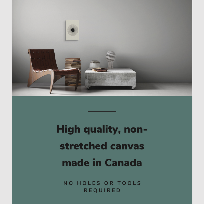 Lifestyle image of the vertical, 12x18 inch easy to hang canvas wall art hung in a living room above a chair and coffee table with graphic saying "High quality, non-stretched canvas made in Canada"