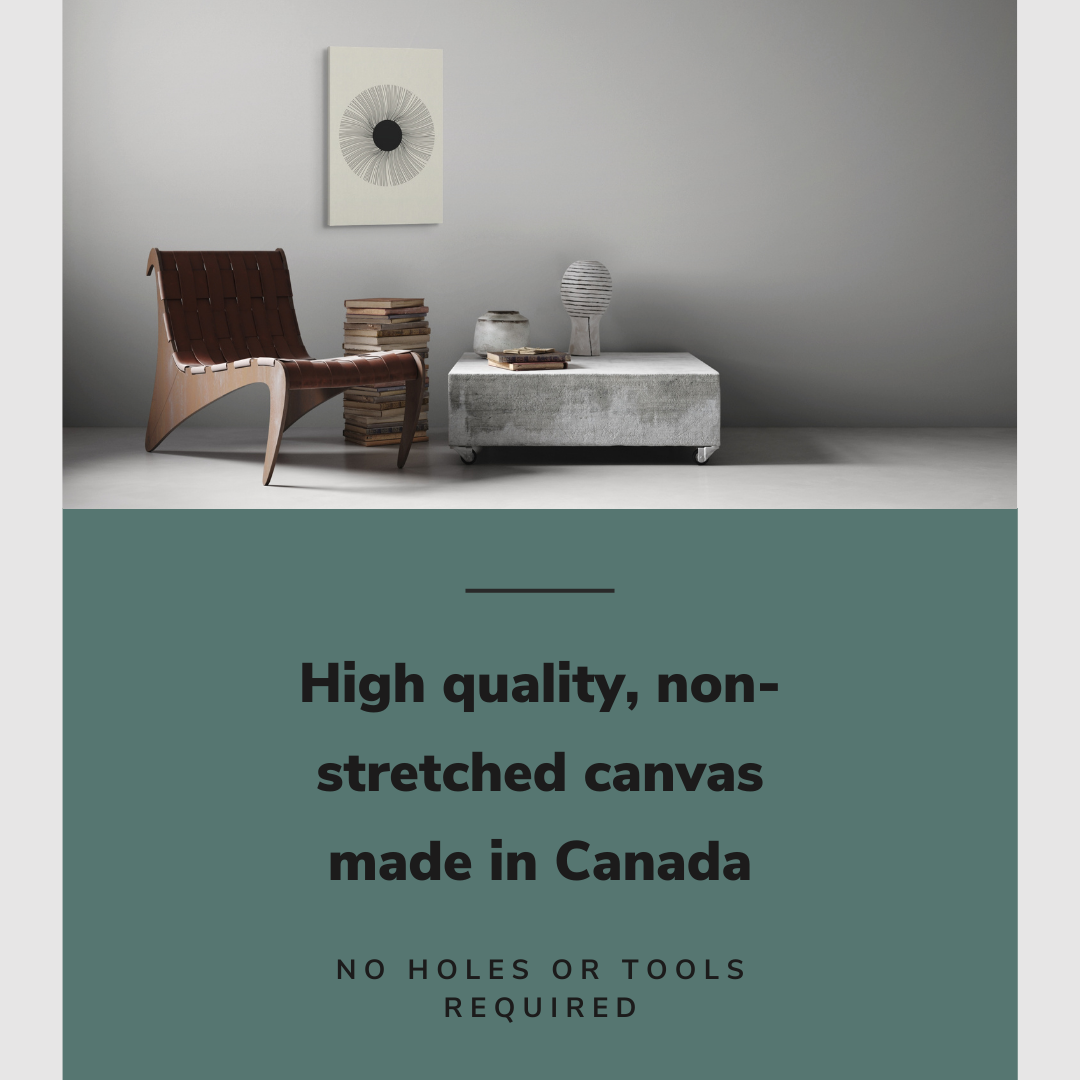 Lifestyle image of the vertical, 20x30 inch easy to hang canvas wall art hung in a living room above a chair and coffee table with graphic saying "High quality, non-stretched canvas made in Canada"