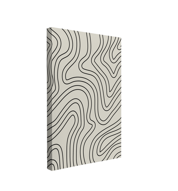 single, 2:3 vertical easy to hang canvas print on a transparent background featuring an image of abstract minimalist lines waved similarly to tree rings on a light beige background