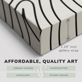 Corner shot of a Whelhung easy to hang canvas print showing the 1.25" inch gallery wrap thickness and graphic saying "Affordable, Quality Art", "Vibrant Colors", "Handcrafted", "Ultralight" and "Sturdy Design."