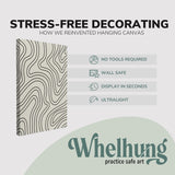 single, 2:3 vertical easy to hang canvas print on a graphic displaying the stress-free decorating Whelhung offers, how we reinvented hanging canvas: "no tools required", "wall safe"", "display in seconds" and "ultralight."