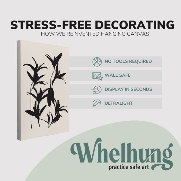 single, 2:3 vertical easy to hang canvas print on a graphic displaying the stress-free decorating Whelhung offers, how we reinvented hanging canvas: "no tools required", "wall safe"", "display in seconds" and "ultralight."