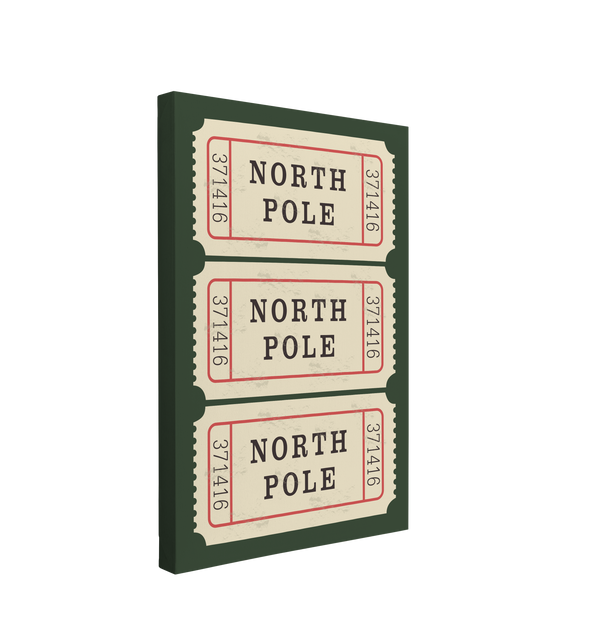 single, 2:3 vertical easy to hang canvas print on a transparent background featuring an image of three light yellow tickets to the North pole vertically stacked on a dark green background