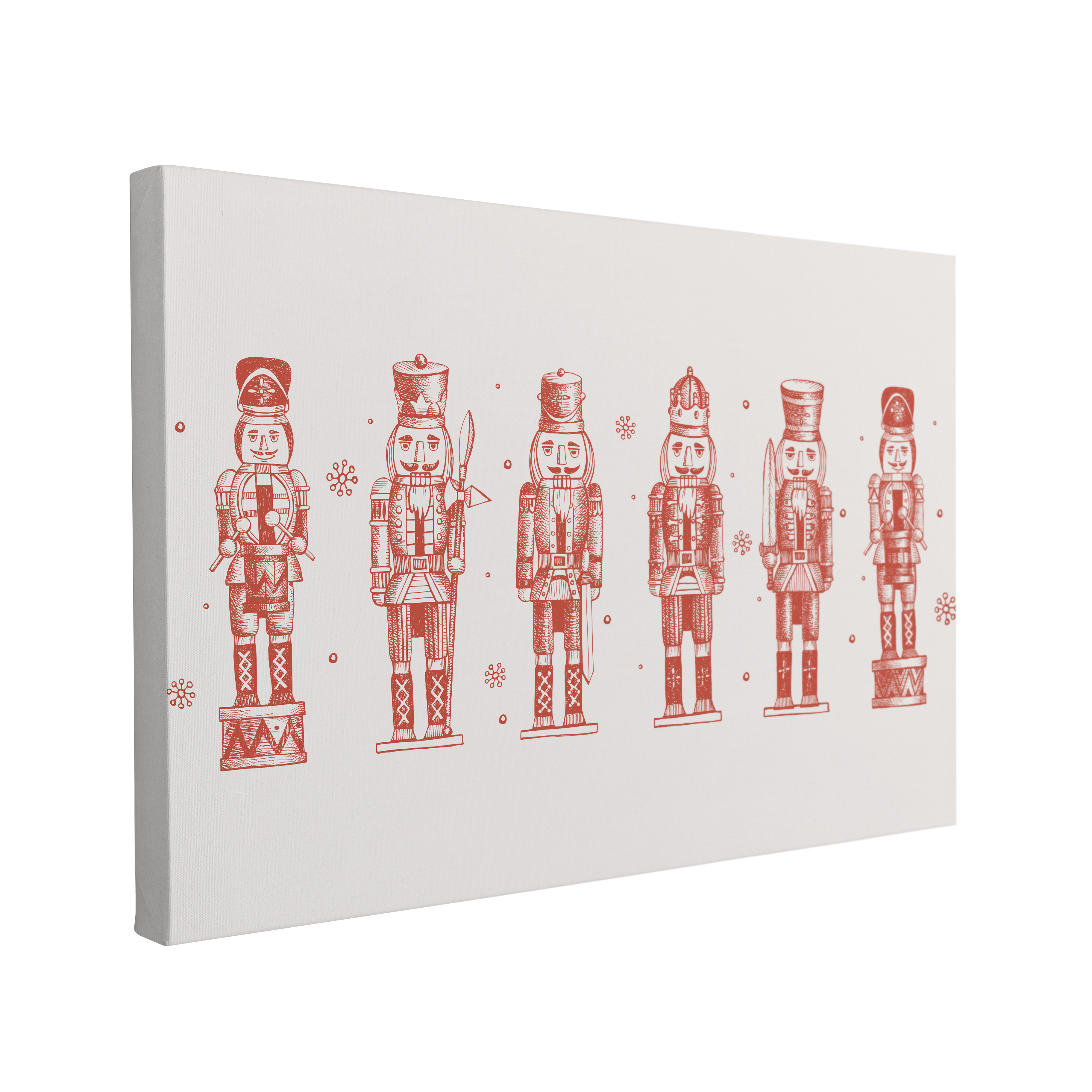 single, 2:3 horizontal easy to hang canvas print on a transparent background featuring an image of six different nutcrackers drawn in red side by side on a light grey background