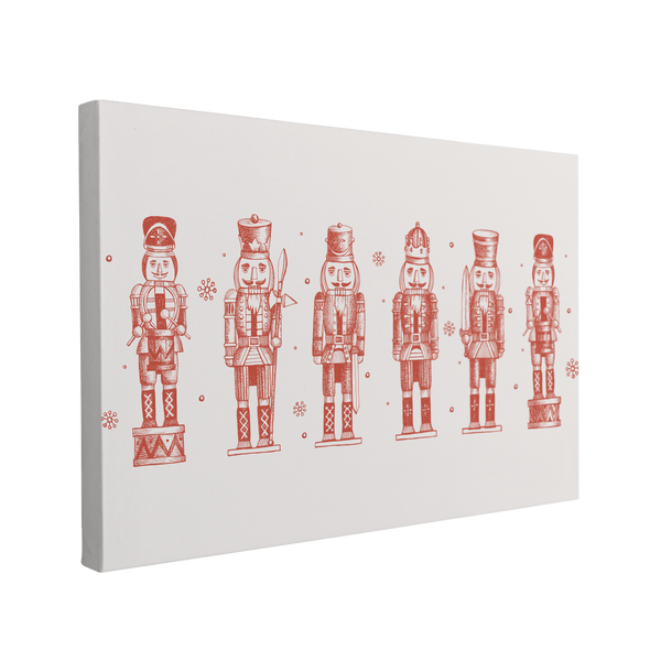 single, 2:3 horizontal easy to hang canvas print on a transparent background featuring an image of six different nutcrackers drawn in red side by side on a light grey background