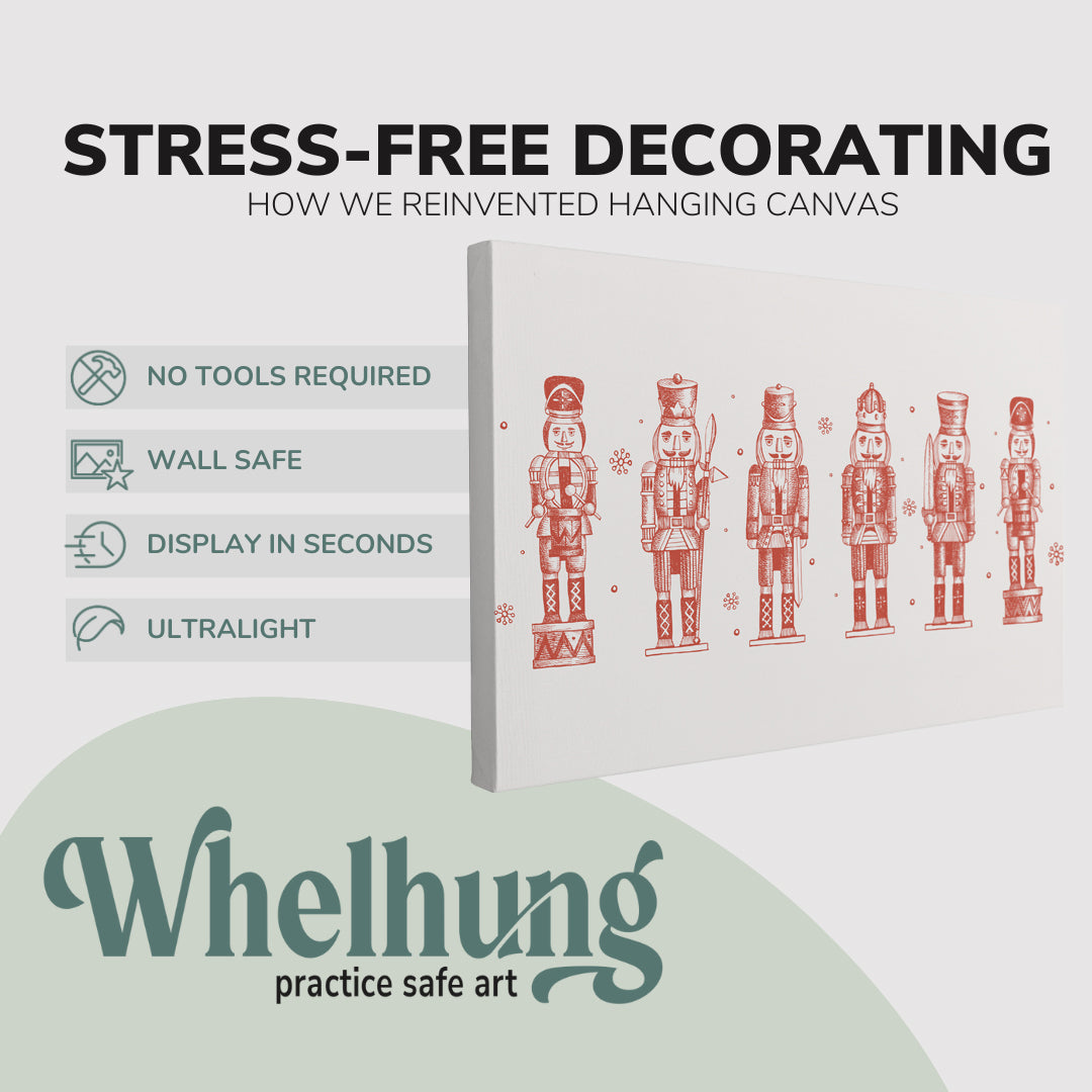 single, 2:3 horizontal easy to hang canvas print on a graphic displaying the stress-free decorating Whelhung offers, how we reinvented hanging canvas: "no tools required", "wall safe"", "display in seconds" and "ultralight."