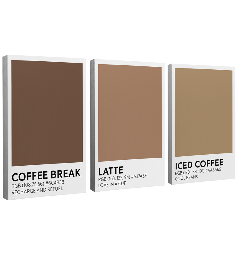 Coffee Break, Latte and Iced Coffee Color Swatch 3 Panel - Canvas Print Wall Art Décor Whelhung