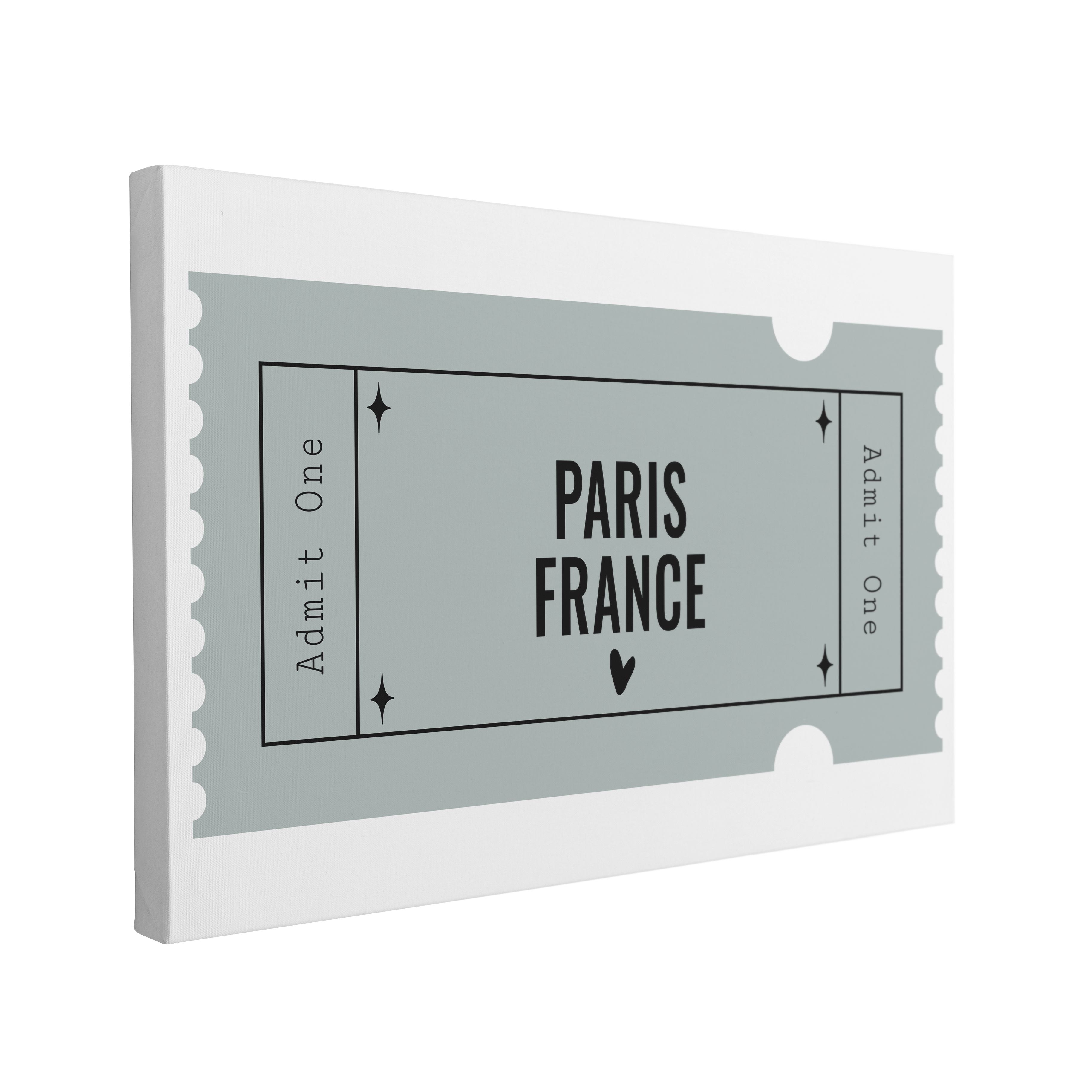 Single, 2:3 horizontal easy to hang canvas print on a transparent background featuring an image of a graphic replicating a blue Admit One ticket with destination written in black, "Paris, France"