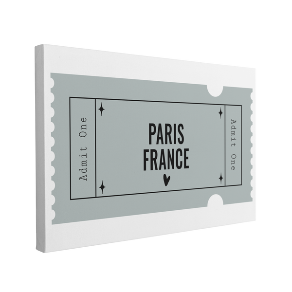 Single, 2:3 horizontal easy to hang canvas print on a transparent background featuring an image of a graphic replicating a blue Admit One ticket with destination written in black, "Paris, France"