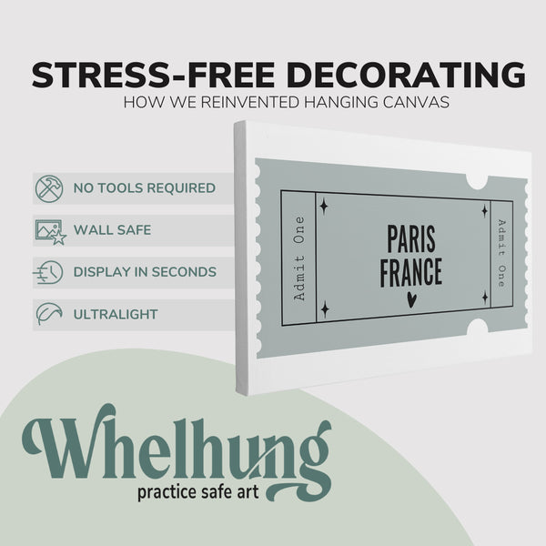 Single, 2:3 horizontal easy to hang canvas print on a graphic displaying the stress-free decorating Whelhung offers, how we reinvented hanging canvas: "no tools required", "wall safe", "display in seconds" and "ultralight."