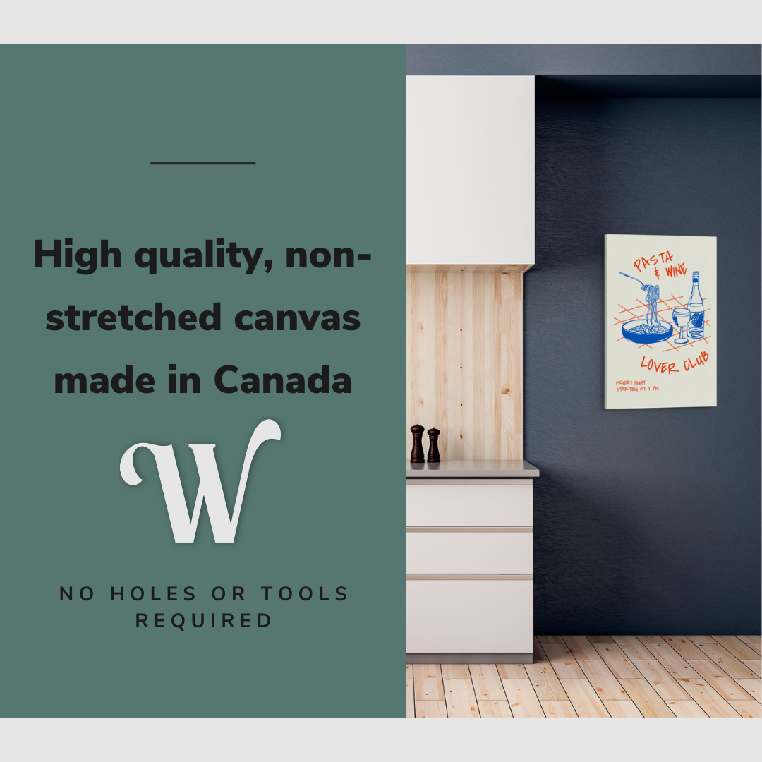 Lifestyle image of the vertical, 20x30" inch easy to hang canvas wall art hung in kitchen by a counter with graphic saying "High quality, non-stretched canvas made in Canada"