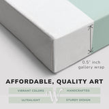 Corner shot of a Whelhung easy to hang canvas print showing the 0.5" inch gallery wrap thickness and graphic saying "Affordable, Quality Art", "Vibrant Colors", "Handcrafted", "Ultralight" and "Sturdy Design."