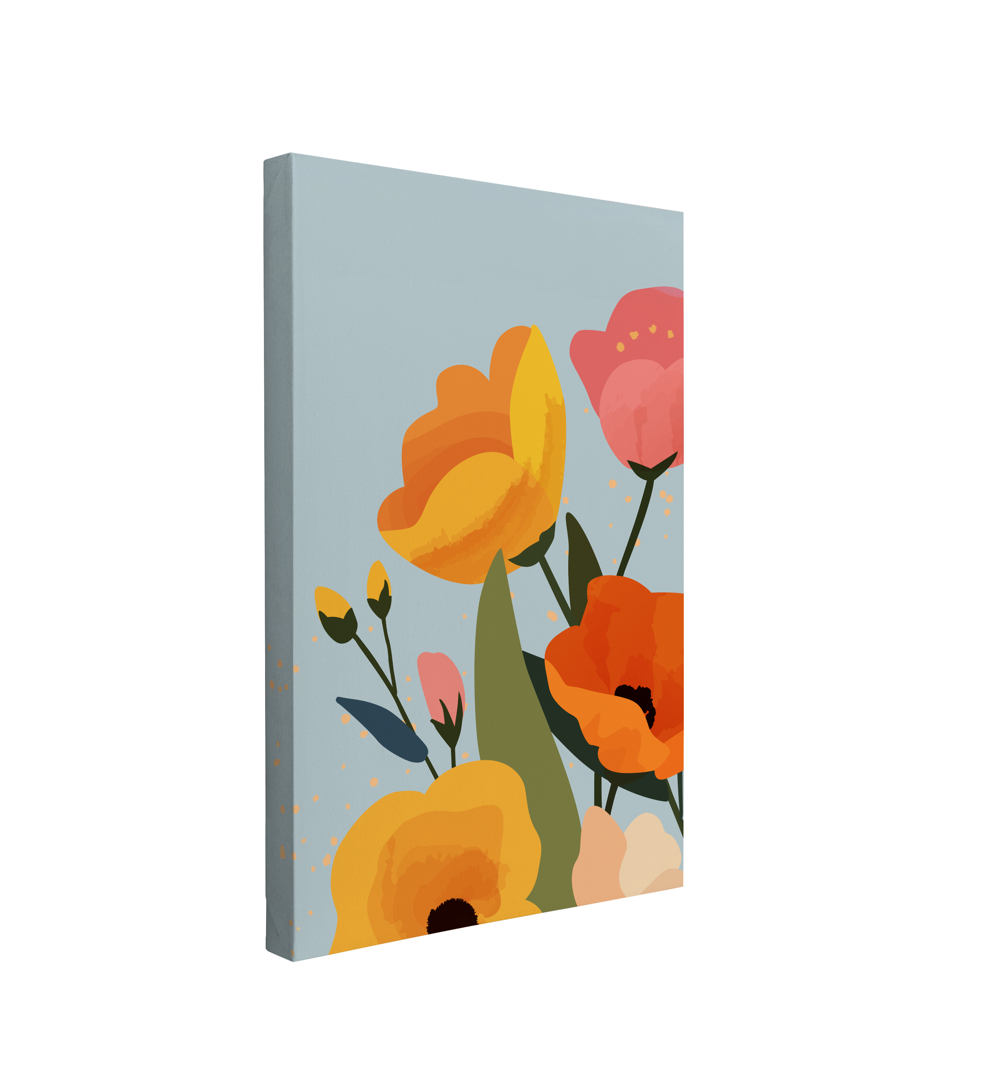 single, 2:3 vertical easy to hang canvas print on a transparent background featuring an image of close up of a graphic of spring flowers like tulips and poppies in shades of yellow, orange and pink on a light blue background