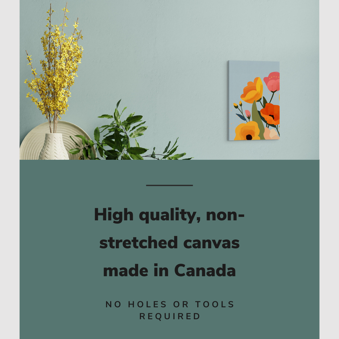 Lifestyle image of the vertical, 12x18 inch easy to hang canvas wall art hung in hung over a credenza with many white vases in a hallway with graphic saying "High quality, non-stretched canvas made in Canada"