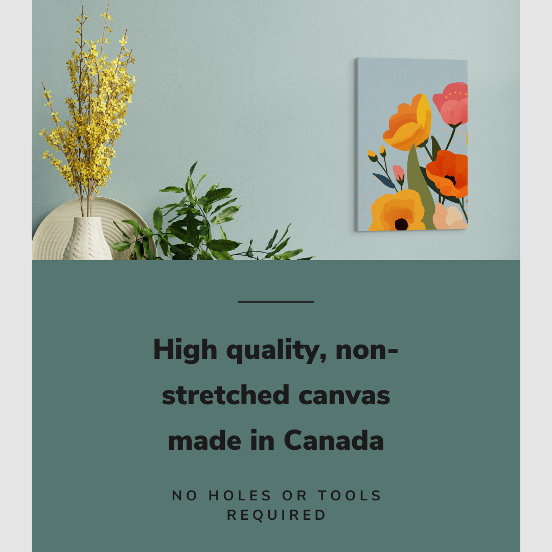 Lifestyle image of the vertical, 16x24 inch easy to hang canvas wall art hung in hung over a credenza with many white vases in a hallway with graphic saying "High quality, non-stretched canvas made in Canada"