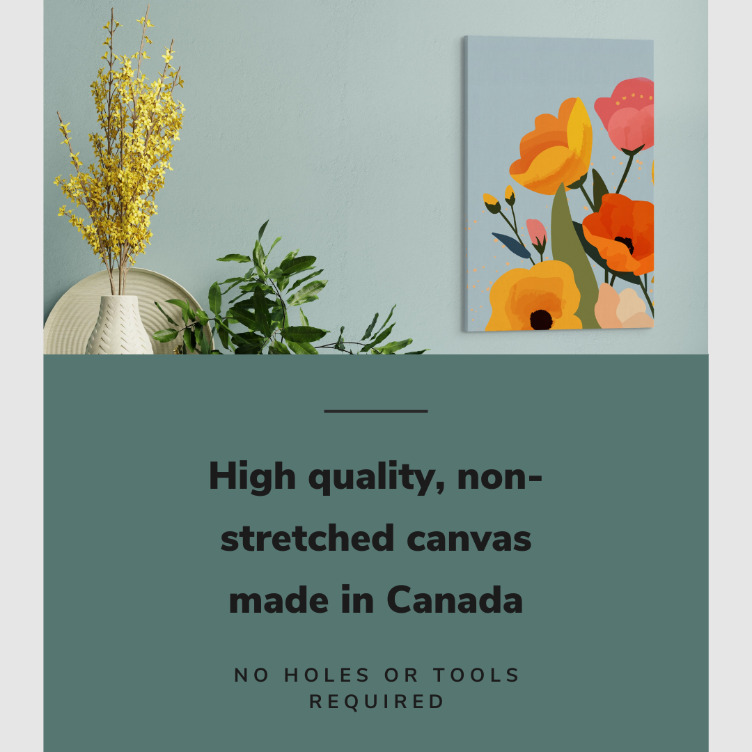 Lifestyle image of the vertical, 20x30 inch easy to hang canvas wall art hung in hung over a credenza with many white vases in a hallway with graphic saying "High quality, non-stretched canvas made in Canada"