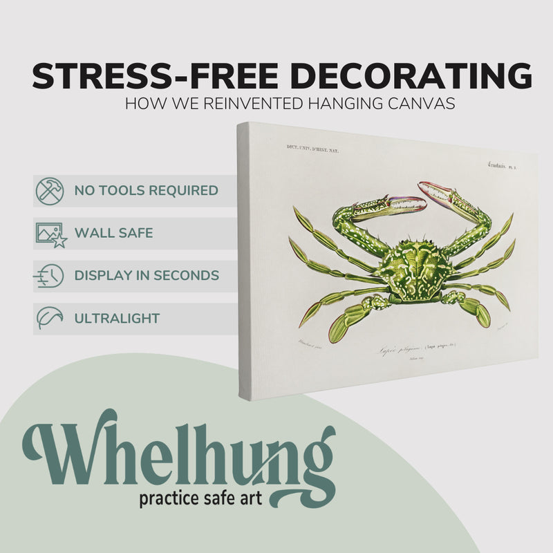 Single, 2:3 horizontal easy to hang canvas prints on a graphic displaying the stress-free decorating Whelhung offers, how we reinvented hanging canvas: "no tools required", "wall safe", "display in seconds" and "ultralight."