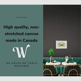 Lifestyle image of the horizontal 12x18" inch easy to hang canvas wall art hung in a restaurant dining room hung above a booth with graphic saying "High quality, non-stretched canvas made in Canada"