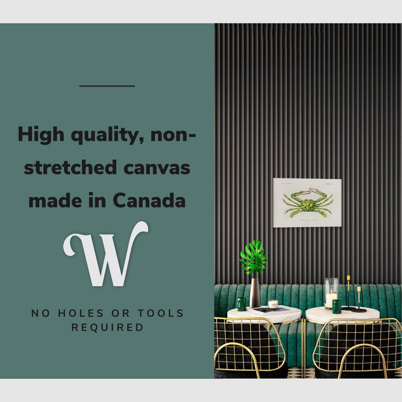 Lifestyle image of the horizontal 16x24" inch easy to hang canvas wall art hung in a restaurant dining room hung above a booth with graphic saying "High quality, non-stretched canvas made in Canada"