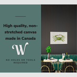 Lifestyle image of the horizontal 20x30" inch easy to hang canvas wall art hung in a restaurant dining room hung above a booth with graphic saying "High quality, non-stretched canvas made in Canada"