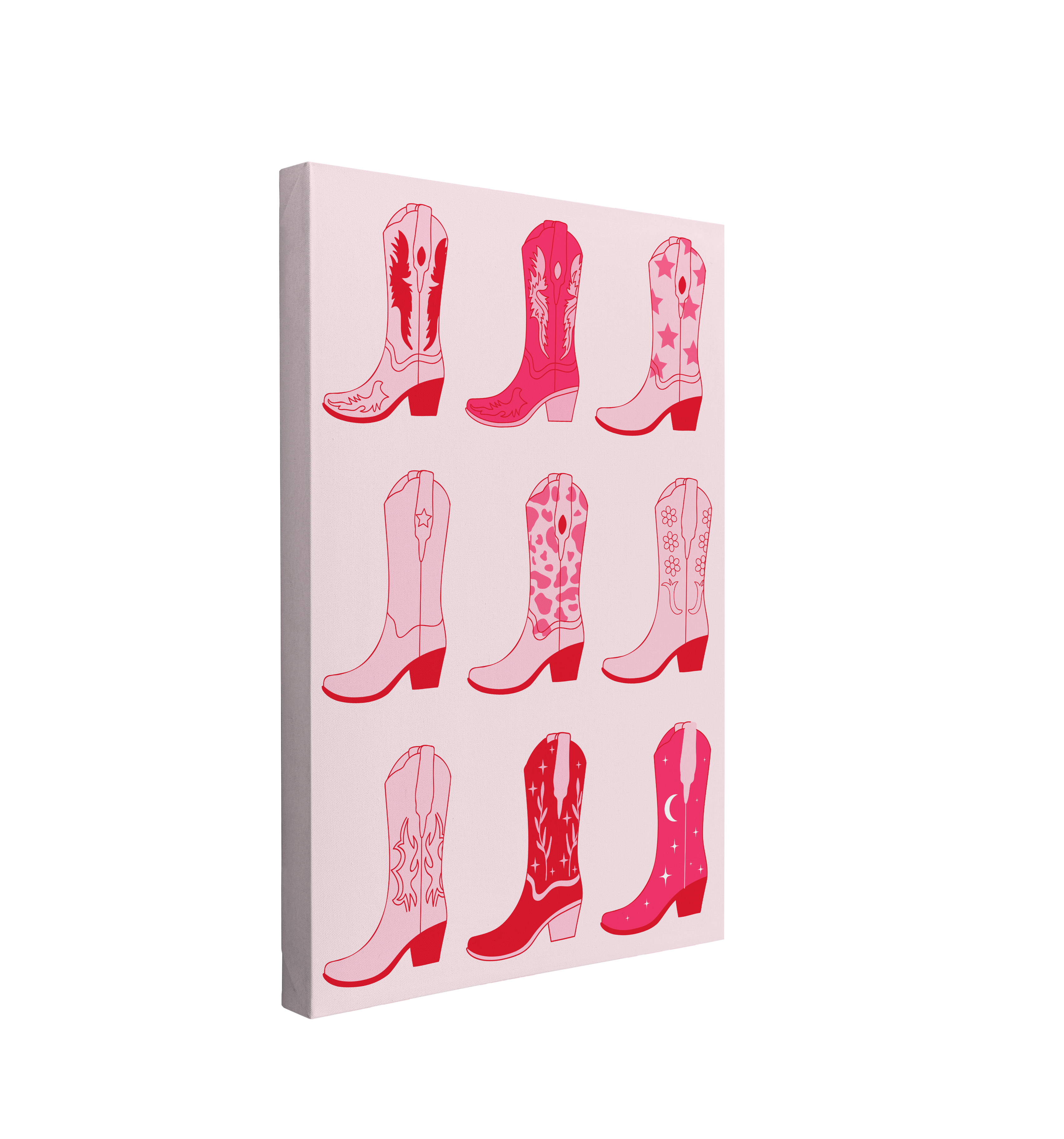 Single, 2:3 vertical easy to hang canvas print on a transparent background featuring an image of nine different pink cowboy boots on a light pink background.