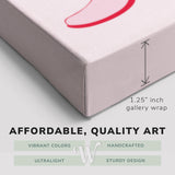 Corner shot of a Whelhung easy to hang canvas print showing the 1.25” inch gallery wrap thickness and graphic saying "Affordable, Quality Art", "Vibrant Colors", "Handcrafted", "Ultralight" and "Sturdy Design."