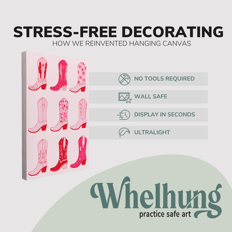 Single, 2:3 vertical easy to hang canvas print on a graphic displaying the stress-free decorating Whelhung offers, how we reinvented hanging canvas: "no tools required", "wall safe", "display in seconds" and "ultralight."