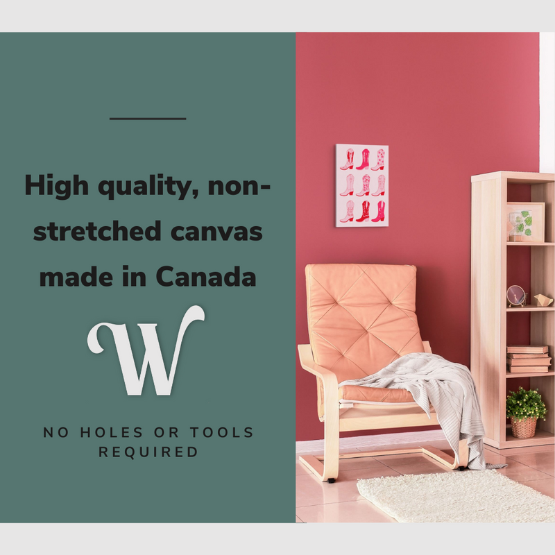 Lifestyle image of the vertical 12x18” inch easy to hang canvas wall art hung in a pink living room above a chair with graphic saying "High quality, non-stretched canvas made in Canada."