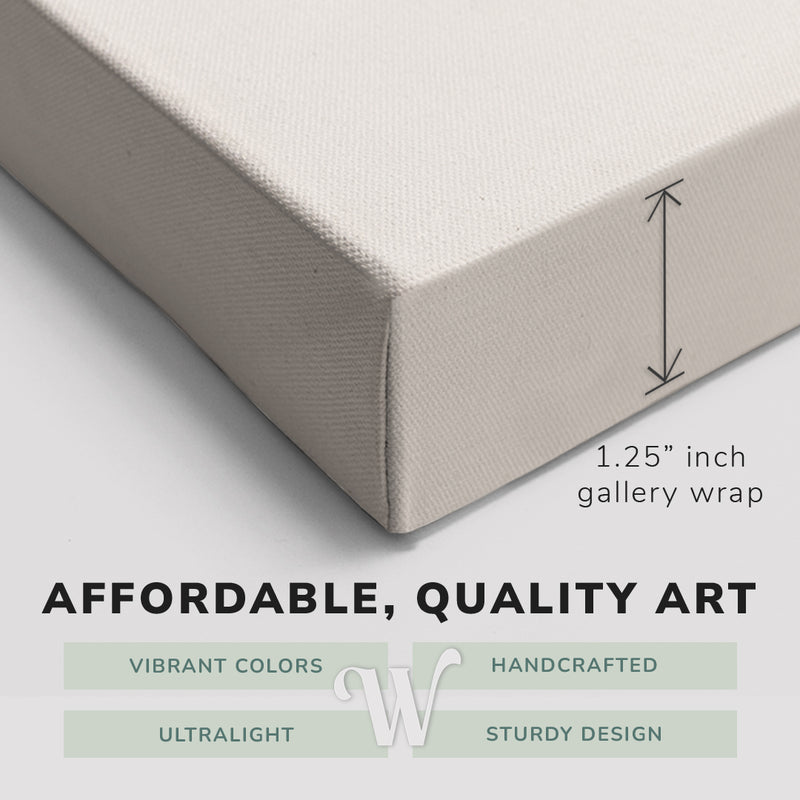 Corner shot of a Whelhung easy to hang canvas print showing the 1.25” inch gallery wrap thickness and graphic saying "Affordable, Quality Art", "Vibrant Colors", "Handcrafted", "Ultralight" and "Sturdy Design."