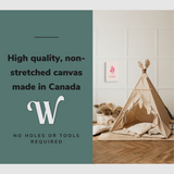 Lifestyle image of the vertical 12x18” inch easy to hang canvas wall art hung in a kids bedroom above a teepee with graphic saying "High quality, non-stretched canvas made in Canada."