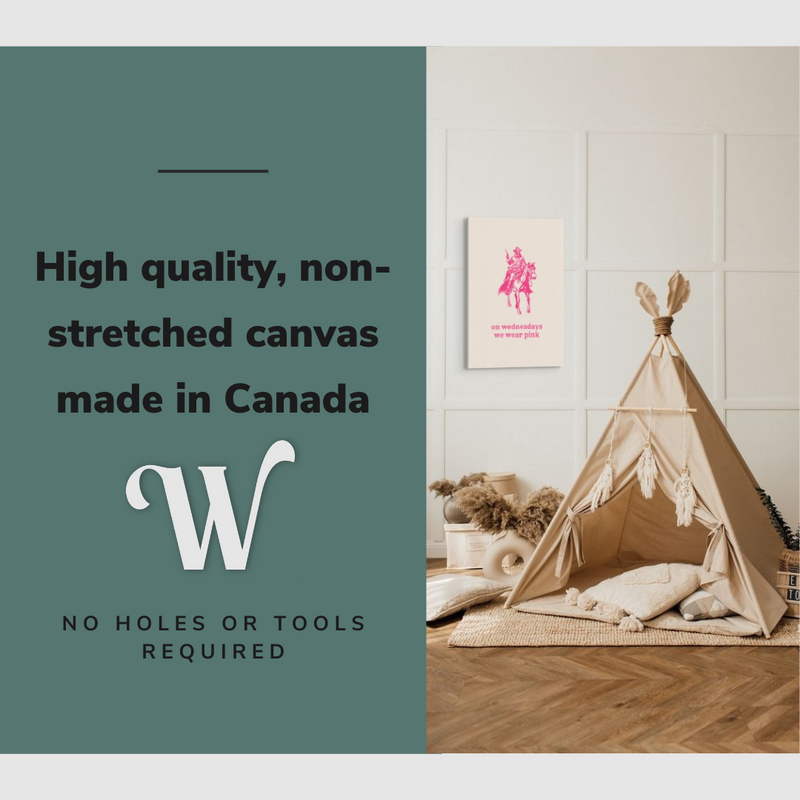 Lifestyle image of the vertical, 20x30” inch easy to hang canvas wall art hung in a kids bedroom above a teepee with graphic saying "High quality, non-stretched canvas made in Canada"