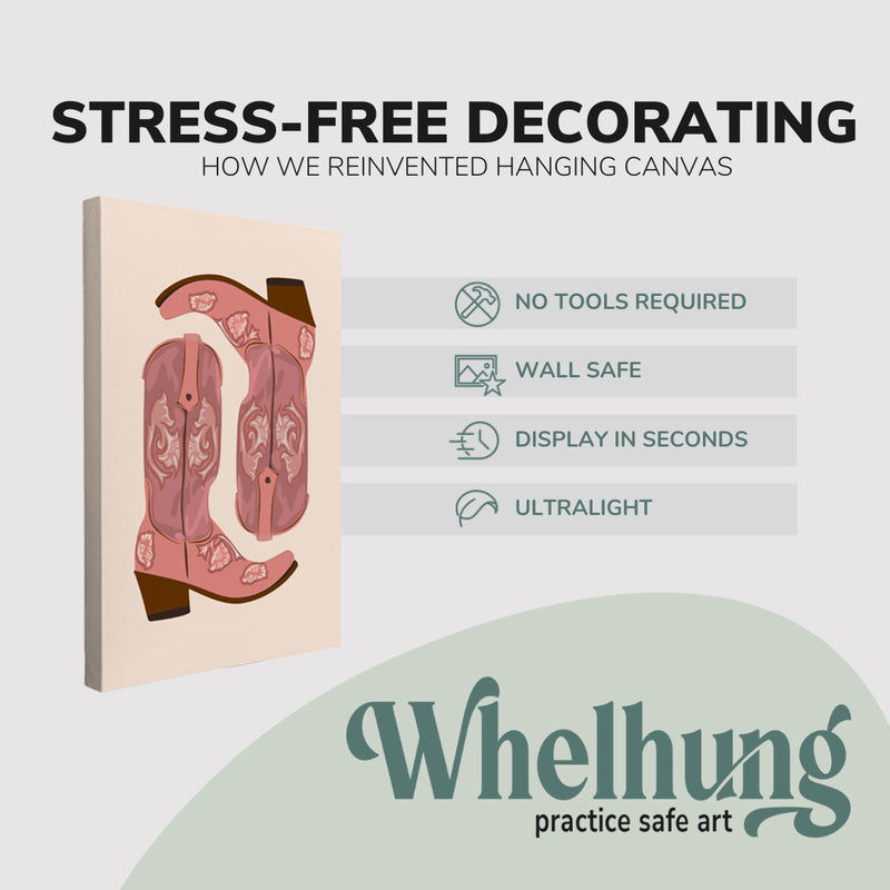 Single, 2:3 vertical easy to hang canvas print on a graphic displaying the stress-free decorating Whelhung offers, how we reinvented hanging canvas: "no tools required", "wall safe", "display in seconds" and "ultralight."