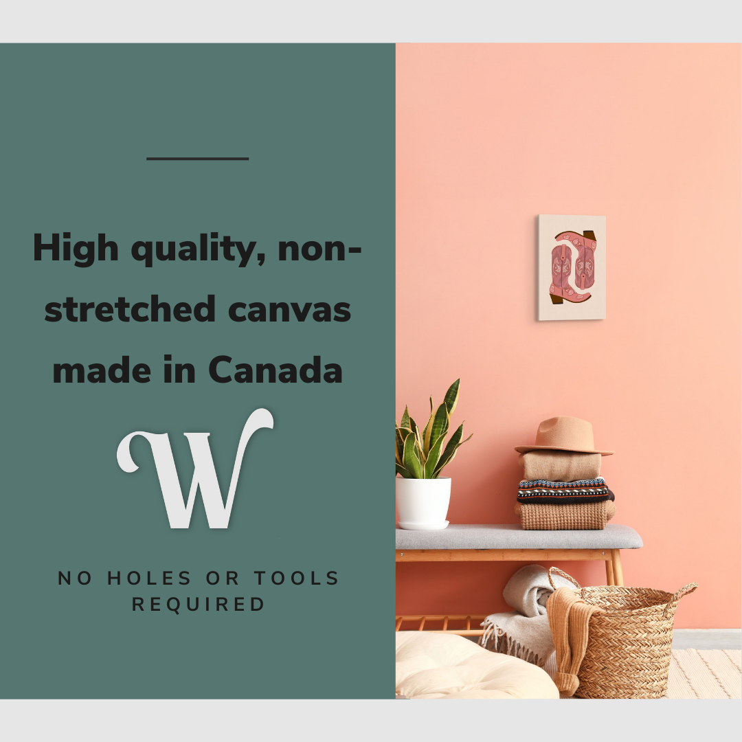 Lifestyle image of the vertical 12x18” inch easy to hang canvas wall art hung in a foyer above a bench with graphic saying "High quality, non-stretched canvas made in Canada."