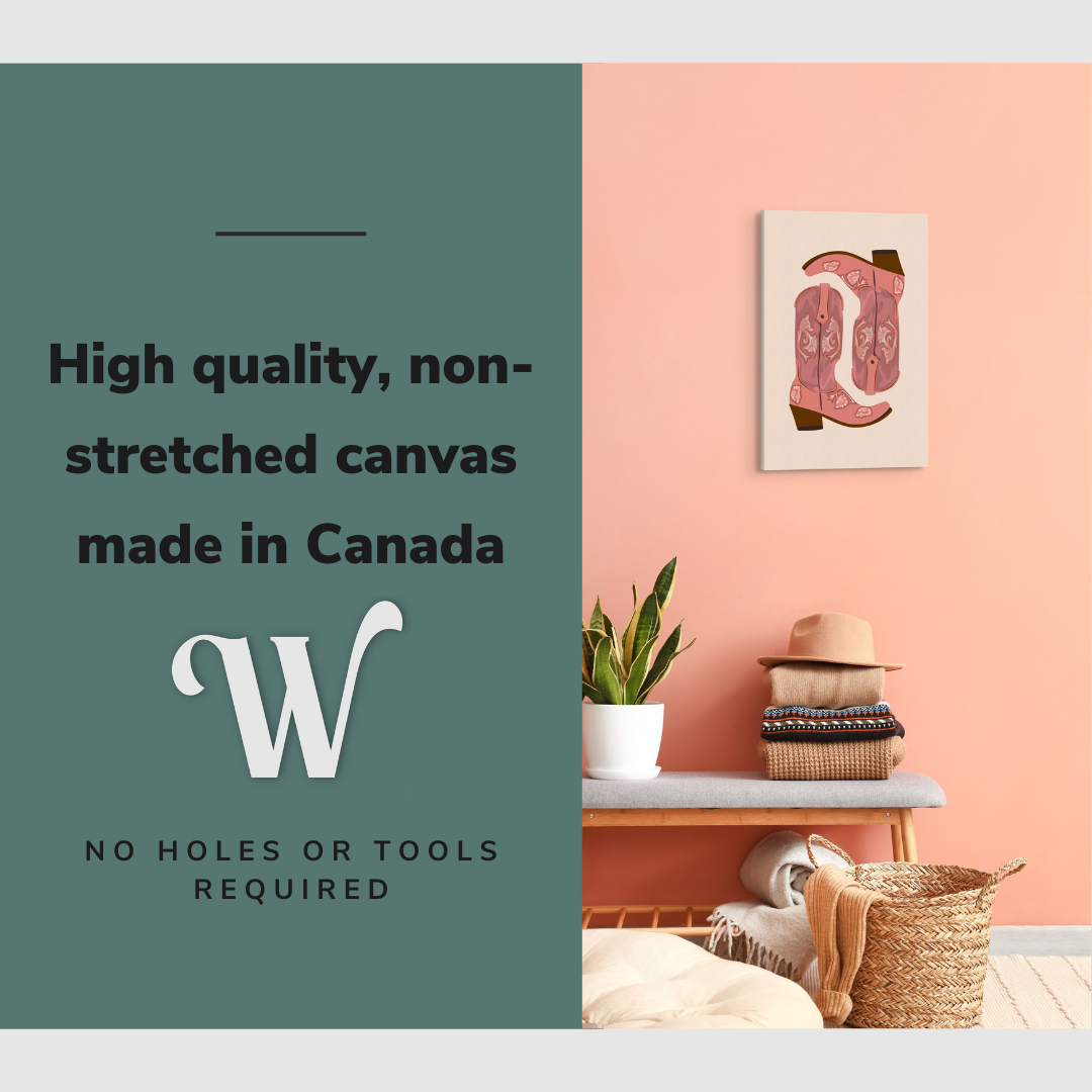 Lifestyle image of the vertical, 20x30” inch easy to hang canvas wall art hung in a foyer above a bench with graphic saying "High quality, non-stretched canvas made in Canada"