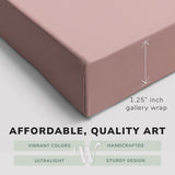 Corner shot of a Whelhung easy to hang canvas print showing the 1.25” inch gallery wrap thickness and graphic saying "Affordable, Quality Art", "Vibrant Colors", "Handcrafted", "Ultralight" and "Sturdy Design."