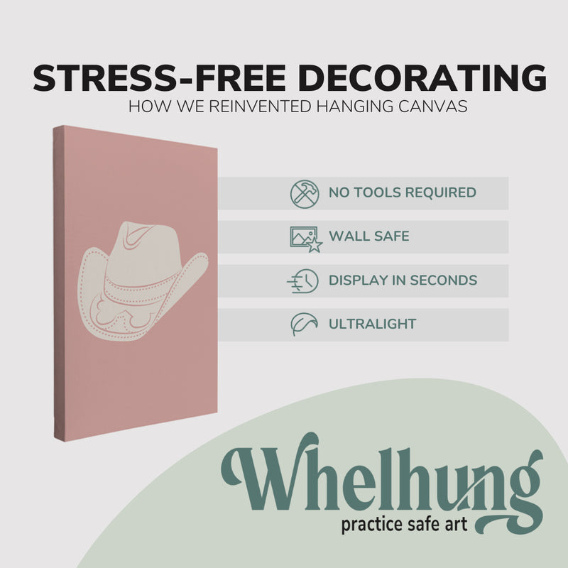 Single, 2:3 vertical easy to hang canvas print on a graphic displaying the stress-free decorating Whelhung offers, how we reinvented hanging canvas: "no tools required", "wall safe", "display in seconds" and "ultralight."