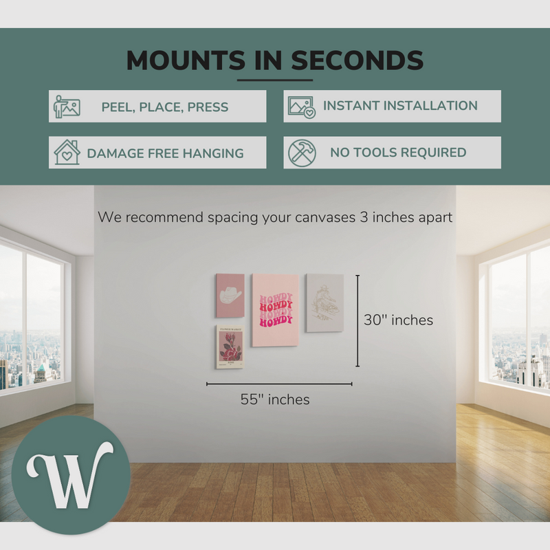 graphic showing a lifestyle of the 4 pack canvases on a blank white wall with the overall size of the gallery wall, 55x30” inches. Says: “Mounts in seconds”, and the bullets: "peel, place, press", "instant installation", "damage free hanging" and "no tools required."