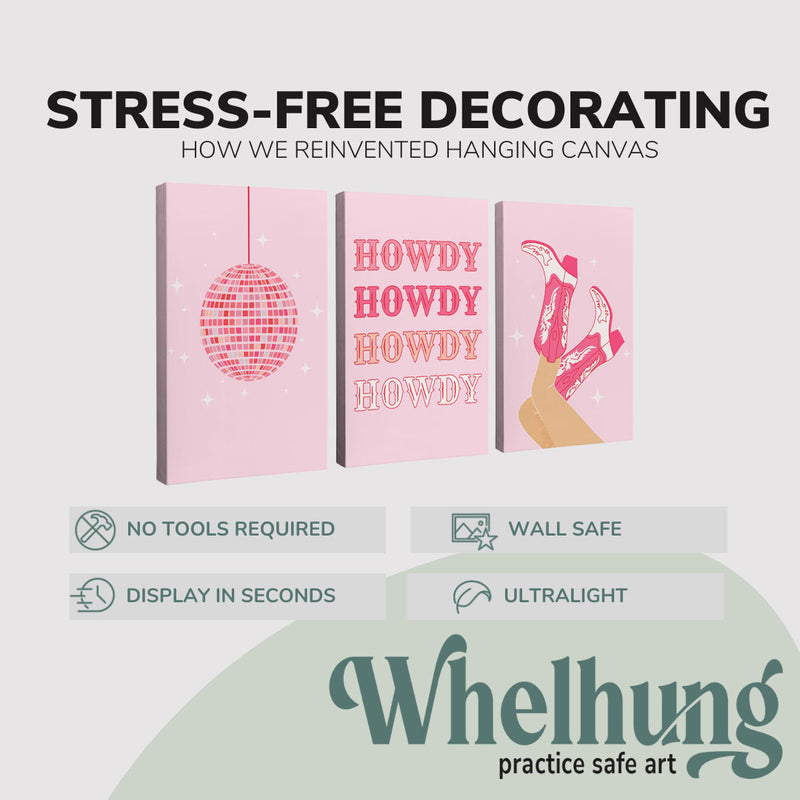 Set of 3, 2:3 vertical easy to hang canvas prints on a graphic displaying the stress-free decorating Whelhung offers, how we reinvented hanging canvas: "no tools required", "wall safe", "display in seconds" and "ultralight."