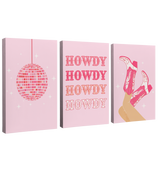 Set of 3, 2:3 vertical easy to hang canvas prints on a transparent background featuring images of a pink disco ball, "Howdy" written in a vintage Western font, and legs in the air wearing pink cowboy boots all on light pink backgrounds.