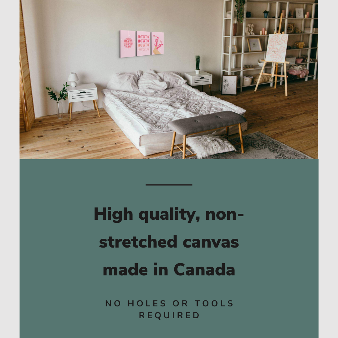 Lifestyle image of the vertical, 12x18” inch set of 3 easy to hang canvas wall art hung in trendy bedroom above a bed with graphic saying "High quality, non-stretched canvas made in Canada."