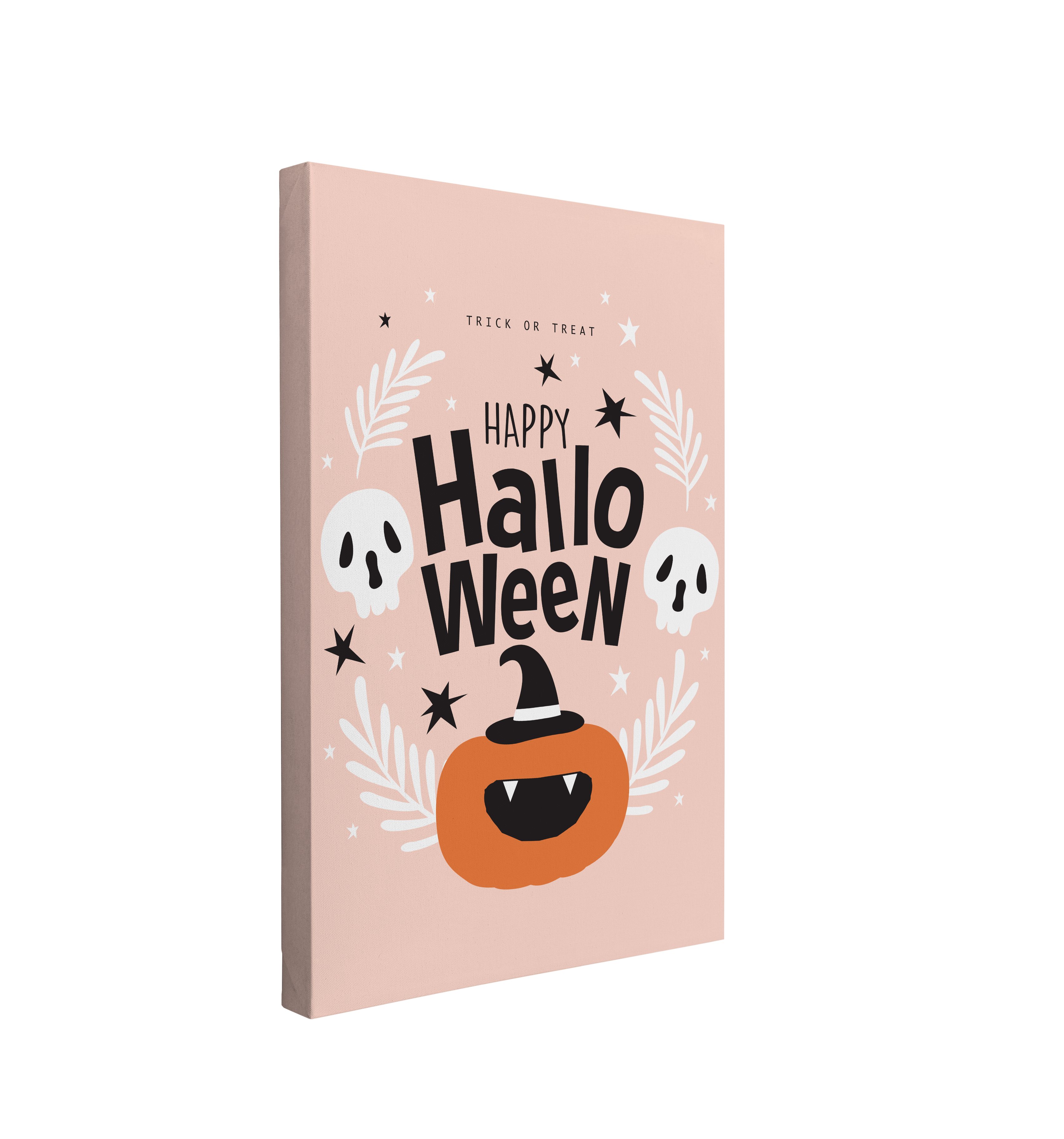 Single, 2:3 vertical easy to hang canvas print on a transparent background featuring an image of a cute jack-o-latern with a witch's hat with the words, "Happy Halloween" above it in black with two black and white skulls beside the words. "Trick or Treat" is above everything and it is all on a light pastel pink background. 