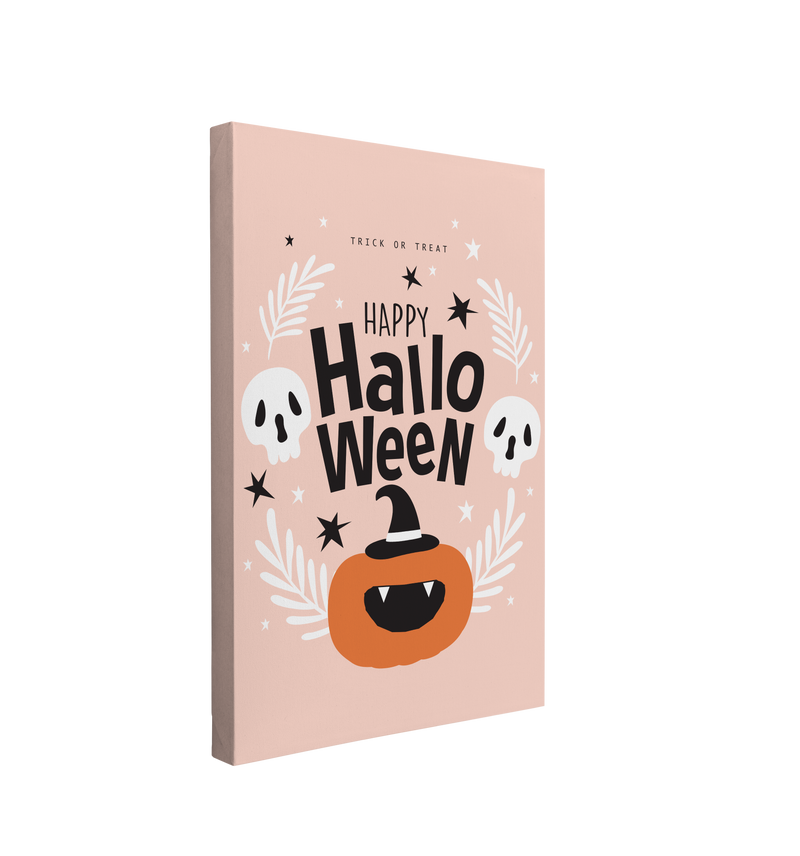 Single, 2:3 vertical easy to hang canvas print on a transparent background featuring an image of a cute jack-o-latern with a witch's hat with the words, "Happy Halloween" above it in black with two black and white skulls beside the words. "Trick or Treat" is above everything and it is all on a light pastel pink background. 