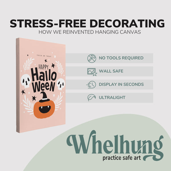 Single, 2:3 vertical easy to hang canvas print on a graphic displaying the stress-free decorating Whelhung offers, how we reinvented hanging canvas: "no tools required", "wall safe", "display in seconds" and "ultralight." 