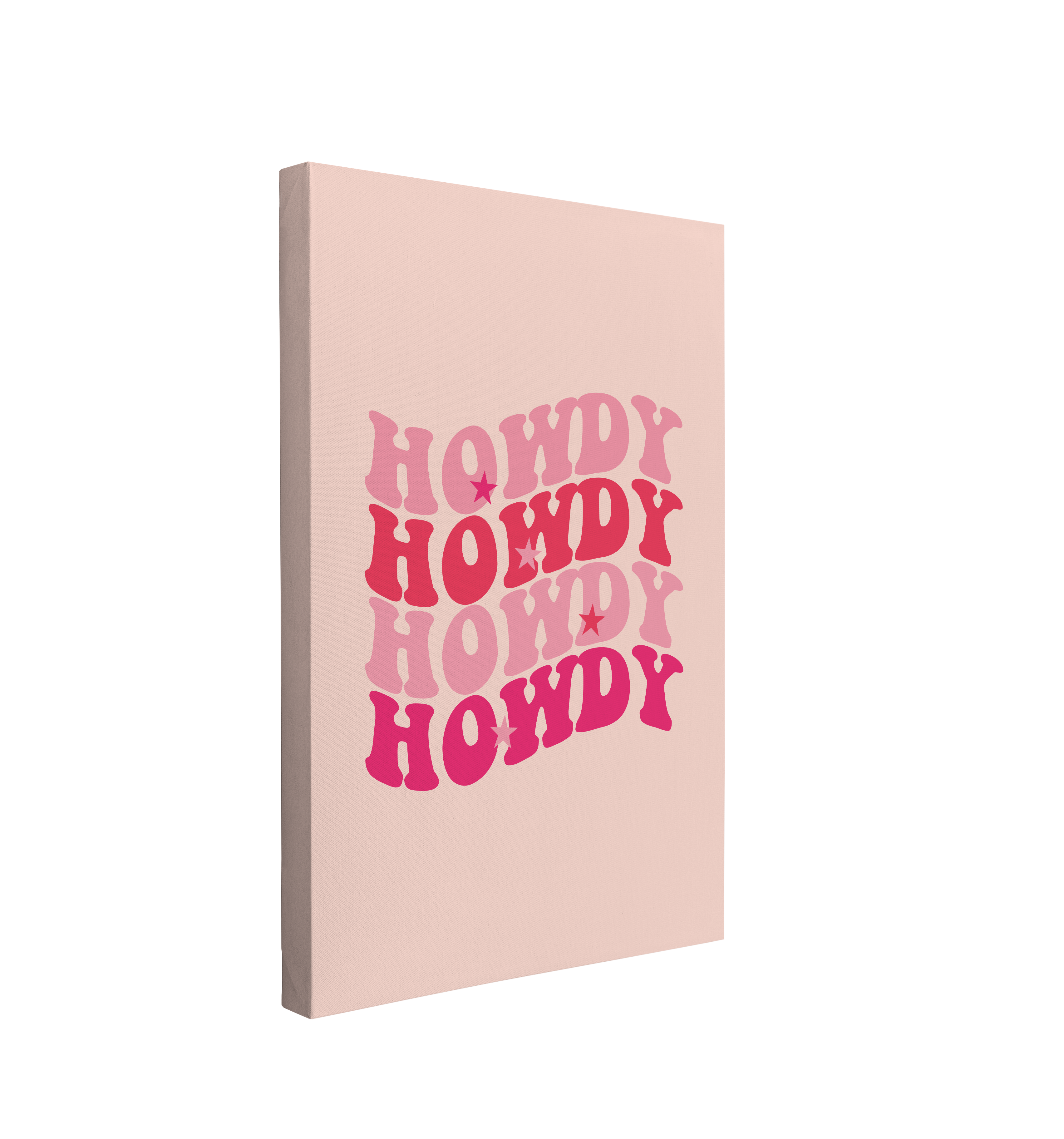 Single, 2:3 vertical easy to hang canvas print on a transparent background featuring an image of the word "Howdy" written in a retro font, repeated four times in different shades of pink with stars on a light pink background. 