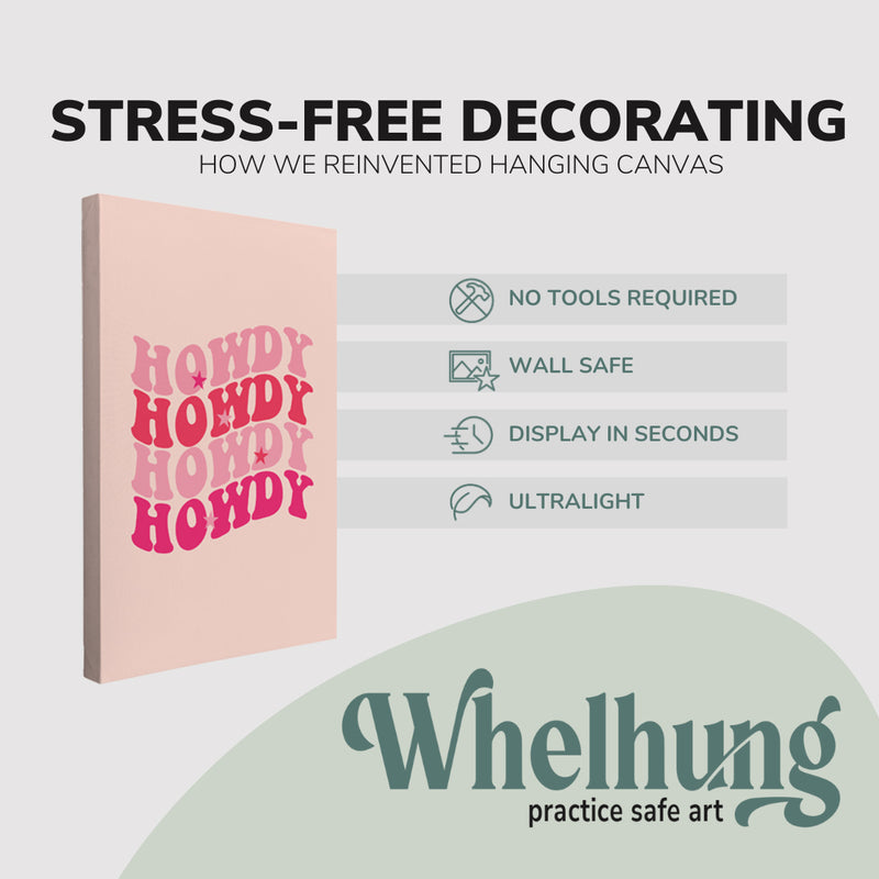 Single, 2:3 vertical easy to hang canvas print on a graphic displaying the stress-free decorating Whelhung offers, how we reinvented hanging canvas: "no tools required", "wall safe", "display in seconds" and "ultralight."