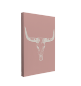 Single, 2:3 vertical easy to hang canvas print on a transparent background featuring an image of white Longhorn skull on a pink background.